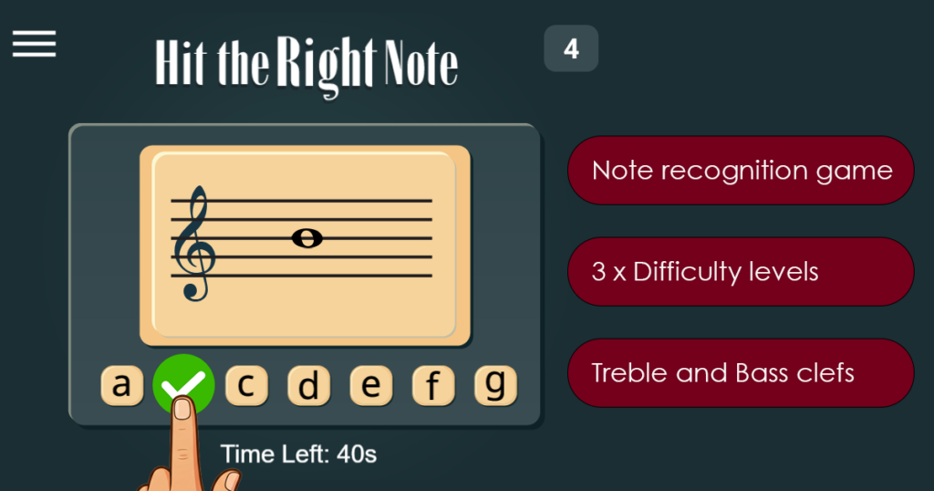 Graphic showing Hit the right note game screen highlighting the 3 difficulty levels and featuring treble and bass clefs.